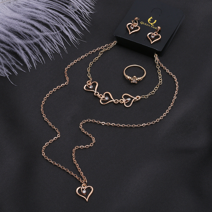 Гарнитур 4 предмета: серьги, кулон, браслет, кольцо МИКС 16-18 "Сердце", цвет белый в золоте, 40см