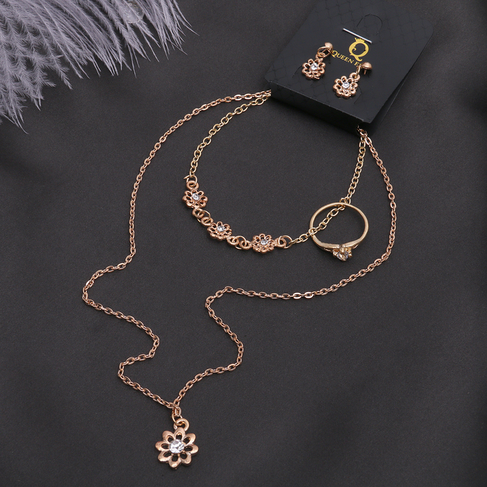 Гарнитур 4 предмета: серьги, кулон, браслет, кольцо МИКС 16-18 &quot;Цветок&quot;, цвет белый в золоте, 40см