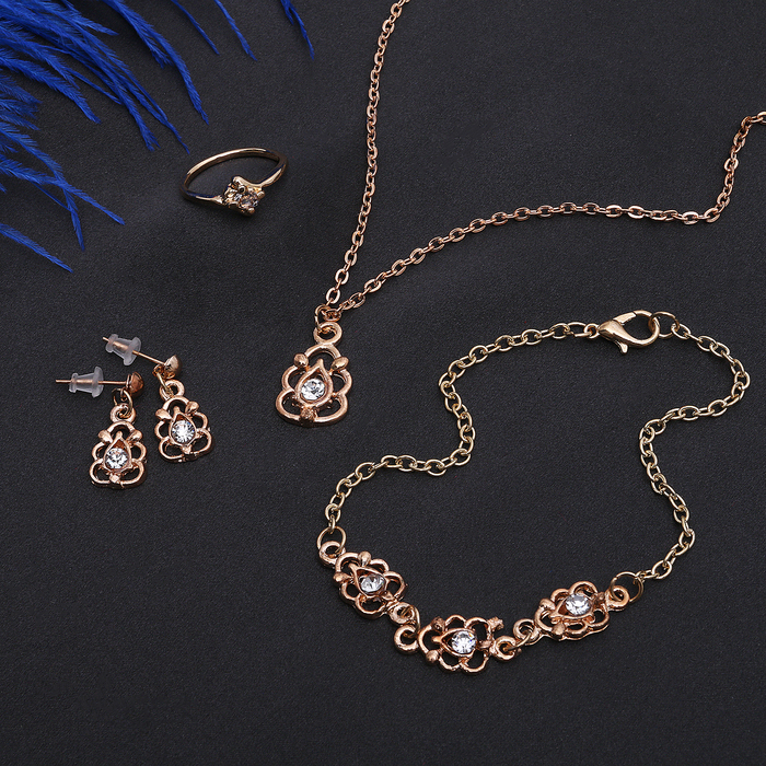 Гарнитур 4 предмета: серьги, кулон, браслет, кольцо МИКС 16-18 "Ажур", цвет белый в золоте, 40см