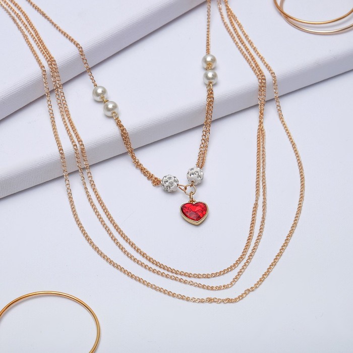 Кулон "Пальмира" 4 нити, сердце, цвет бело-красный в золоте, 80см