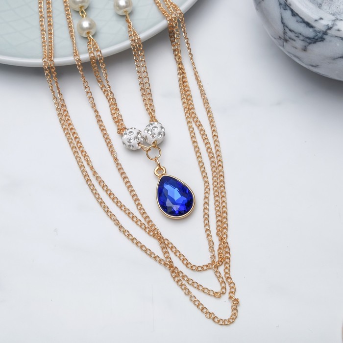 Кулон "Пальмира" 4 нити, капля, цвет бело-синий в золоте, 80см