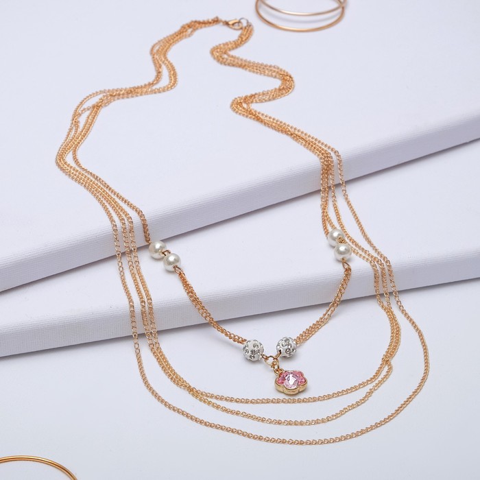 Кулон "Пальмира" 4 нити, цветок, цвет бело-розовый в золоте, 80см