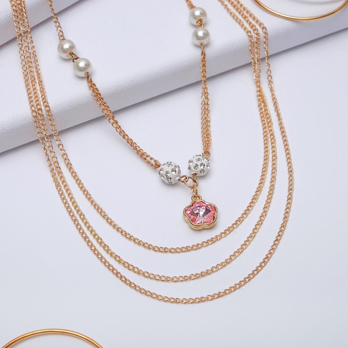 Кулон "Пальмира" 4 нити, цветок, цвет бело-розовый в золоте, 80см