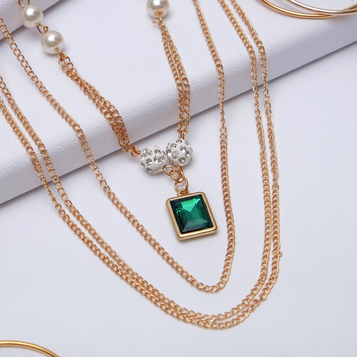 Кулон "Пальмира" 4 нити, прямоугольник, цвет бело-изумрудный в золоте, 80см