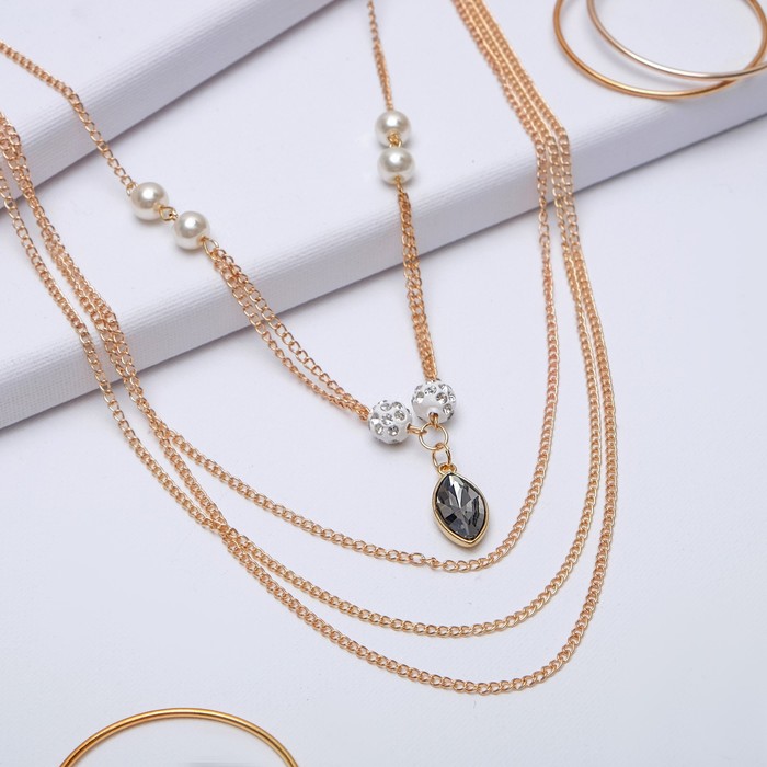 Кулон "Пальмира" 4 нити, эллипс, цвет бело-чёрный в золоте, 80см