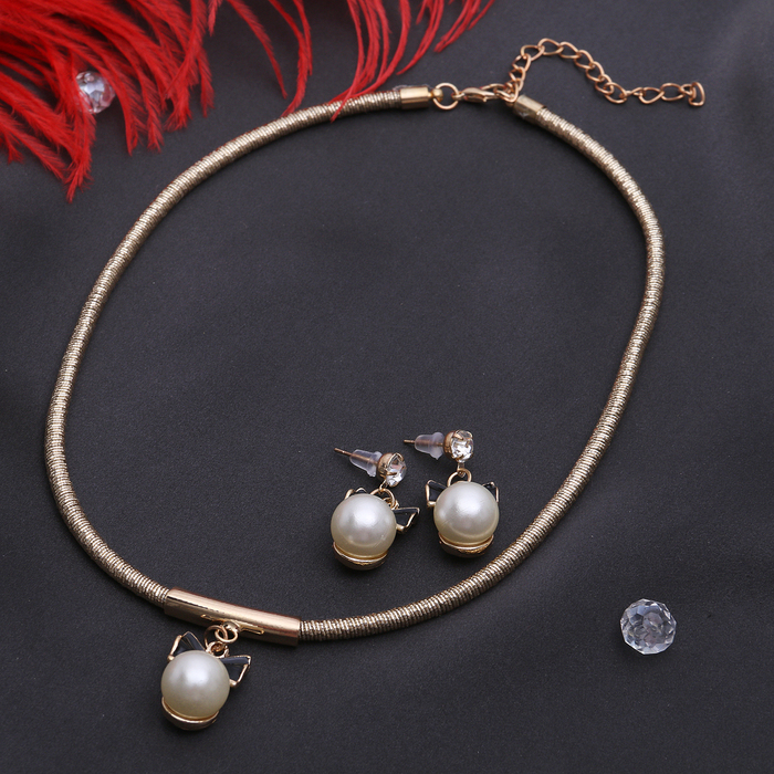 Набор 2 предмета: серьги, колье "Анабель" бусина с бантом, цвет белый в золоте