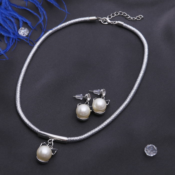 Набор 2 предмета: серьги, колье "Анабель" бусина с бантом, цвет белый в серебре