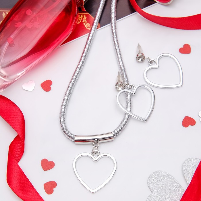 Набор 2 предмета: серьги, колье "Анабель" сердце, цвет серебро