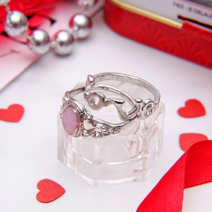 Кольцо набор 2 штуки "Белла" любовь, цвет розовый в серебре, размер 17-18 МИКС