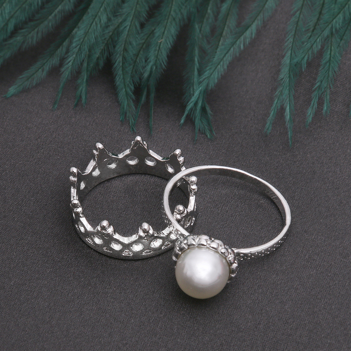 Кольцо набор 2 штуки "Белла" корона, бусина, цвет белый в серебре, размер 17-18 МИКС