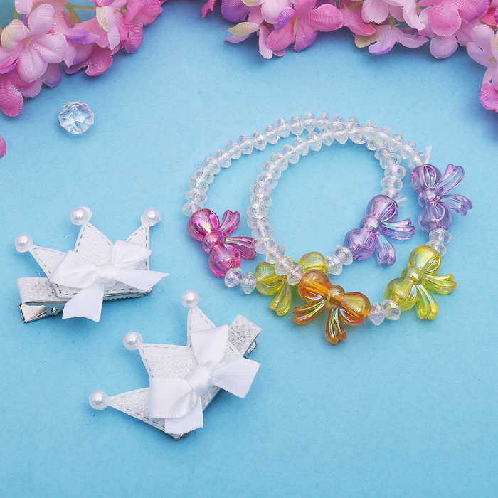 Набор детский "Выбражулька" 3 предмета: 2 заколки, браслет, короны с бантиками, цвет МИКС