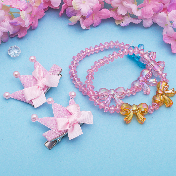 Набор детский "Выбражулька" 3 предмета: 2 заколки, браслет, короны с бантиками, цвет МИКС