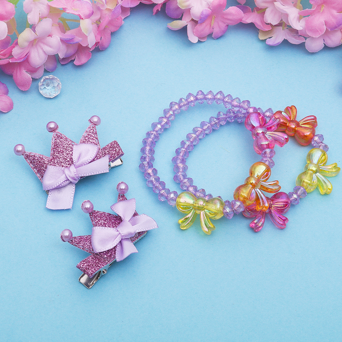 Набор детский "Выбражулька" 3 предмета: 2 заколки, браслет, короны с бантиками, цвет МИКС