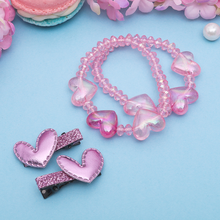 Набор детский "Выбражулька" 3 предмета: 2 заколки, браслет, сердечки, цвет МИКС