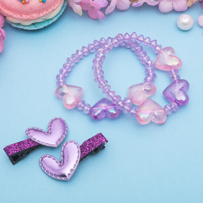 Набор детский "Выбражулька" 3 предмета: 2 заколки, браслет, сердечки, цвет МИКС