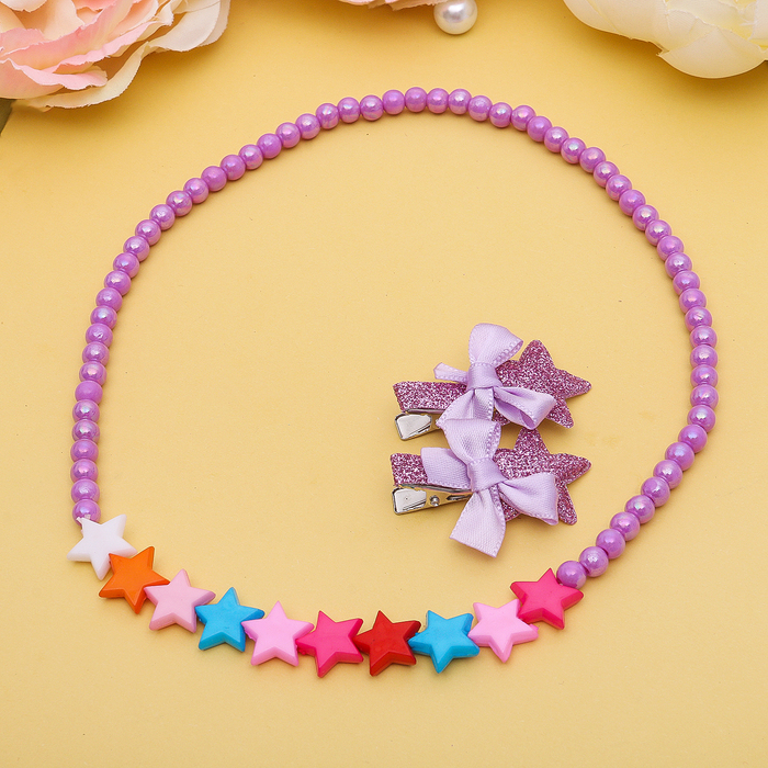Набор детский "Выбражулька" 3 предмета: 2 заколки, бусы, звездочки, цвет МИКС