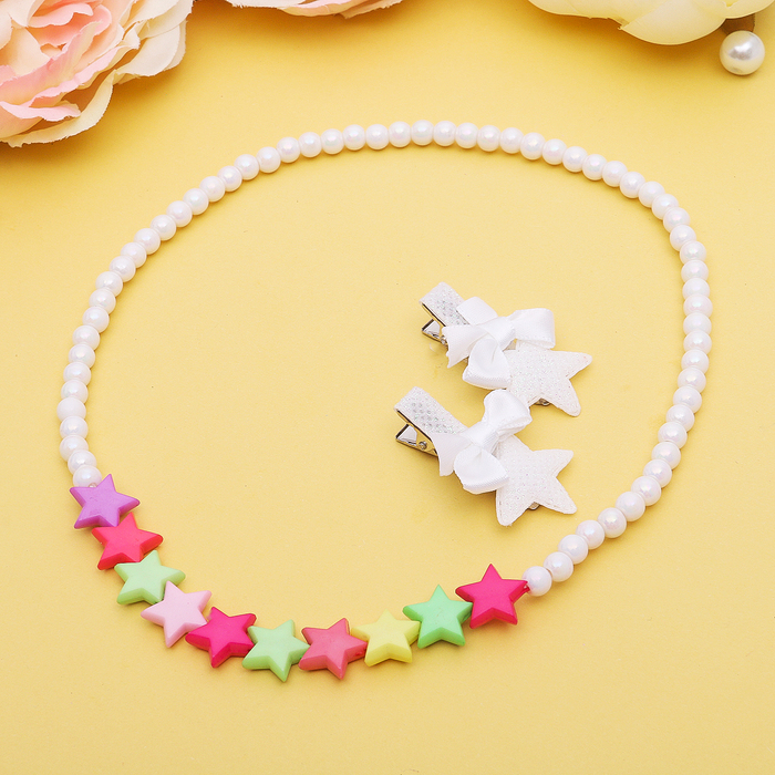 Набор детский "Выбражулька" 3 предмета: 2 заколки, бусы, звездочки, цвет МИКС