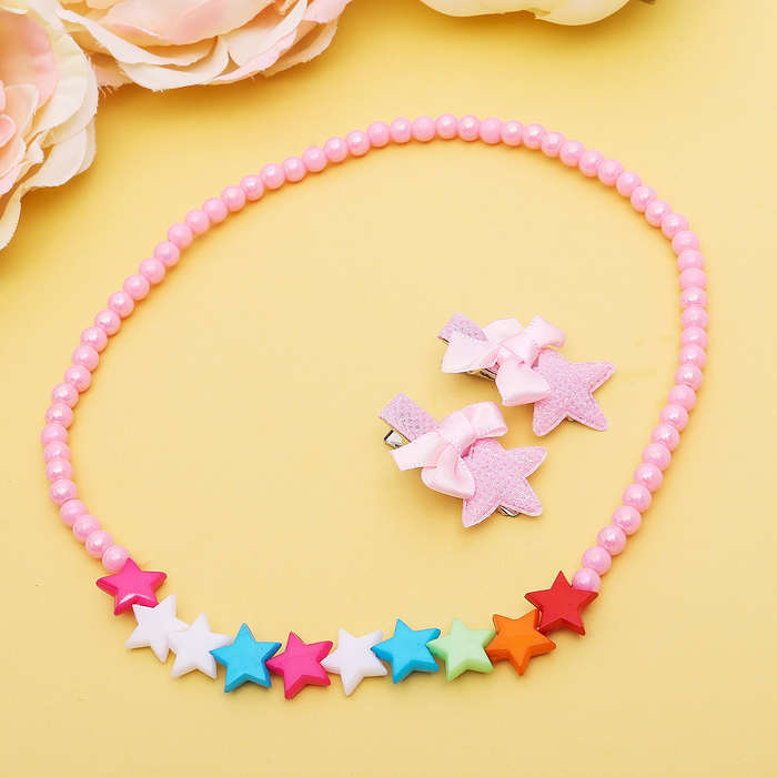 Набор детский "Выбражулька" 3 предмета: 2 заколки, бусы, звездочки, цвет МИКС