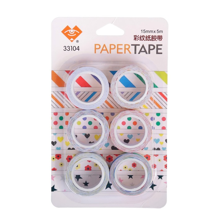 Клейкая лента декоративная бумажная "Рисунки на белом" (набор 6 шт) 1,5 см 5 метров МИКС