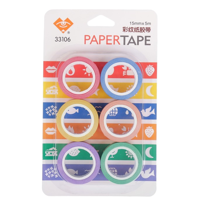 Клейкая лента декоративная бумажная "Рисунки" цветные (набор 6 шт) 1,5 см 5 метров МИКС