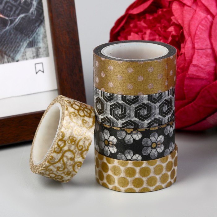 Клейкая лента декоративная бумажная "С золотом" 1,5 см намотка 5 метров МИКС