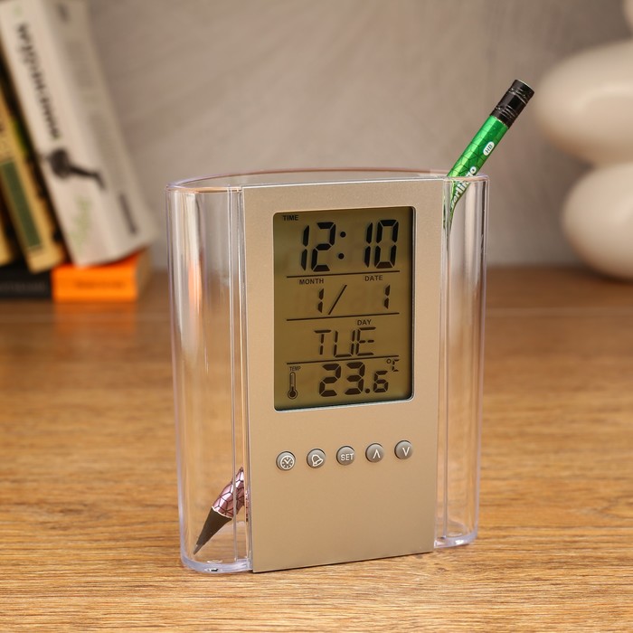 Электронные часы-будильник с подставкой под канцтовары, дата, температура, 1ААА, 10*12см