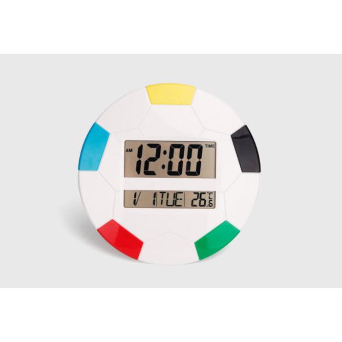 Электронные настенные часы, цветн футбольный мяч, дата, температура микс, 2 АА 26*26см