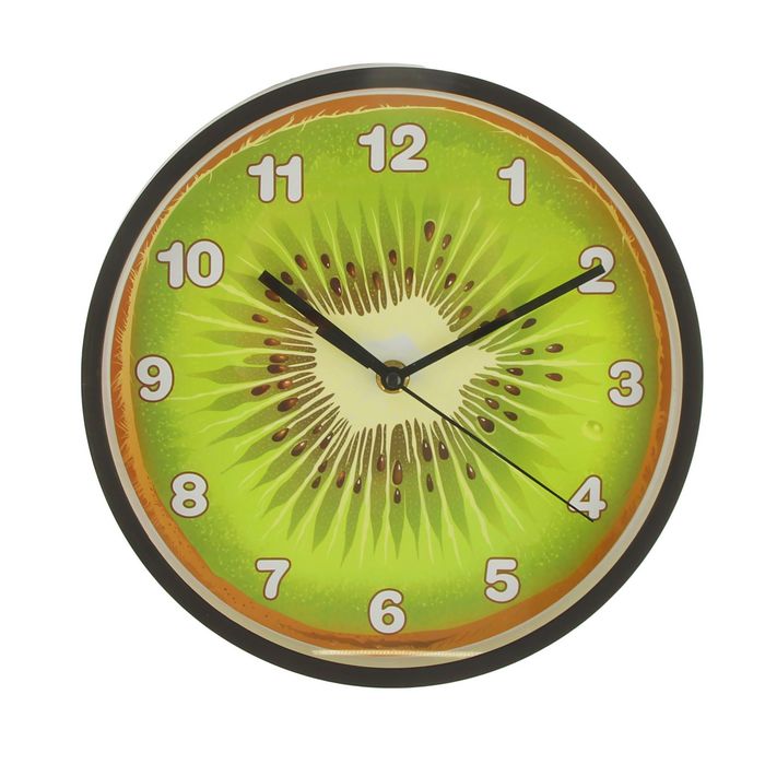 Часы настенные кухонные круг "Киви" толстые черные края, арабские цифры, 25*25см