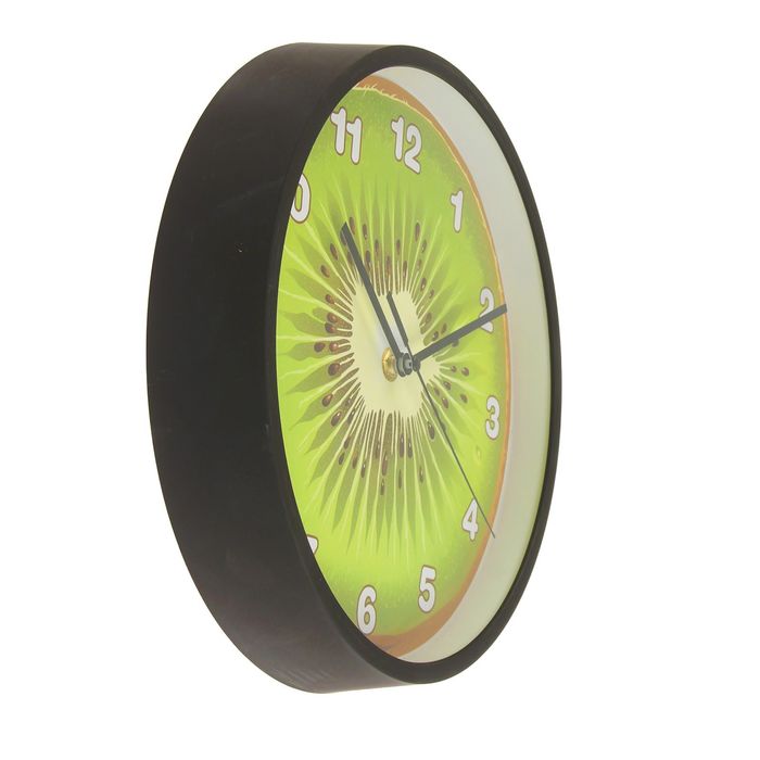 Часы настенные кухонные круг "Киви" толстые черные края, арабские цифры, 25*25см