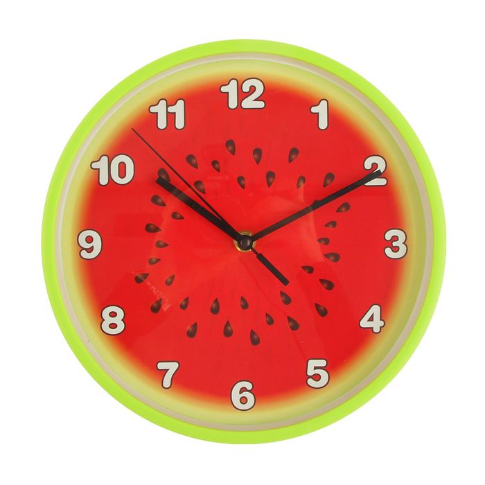 Часы настенные кухонные круг "Арбуз" толстые зеленые края, арабские цифры, 25*25см