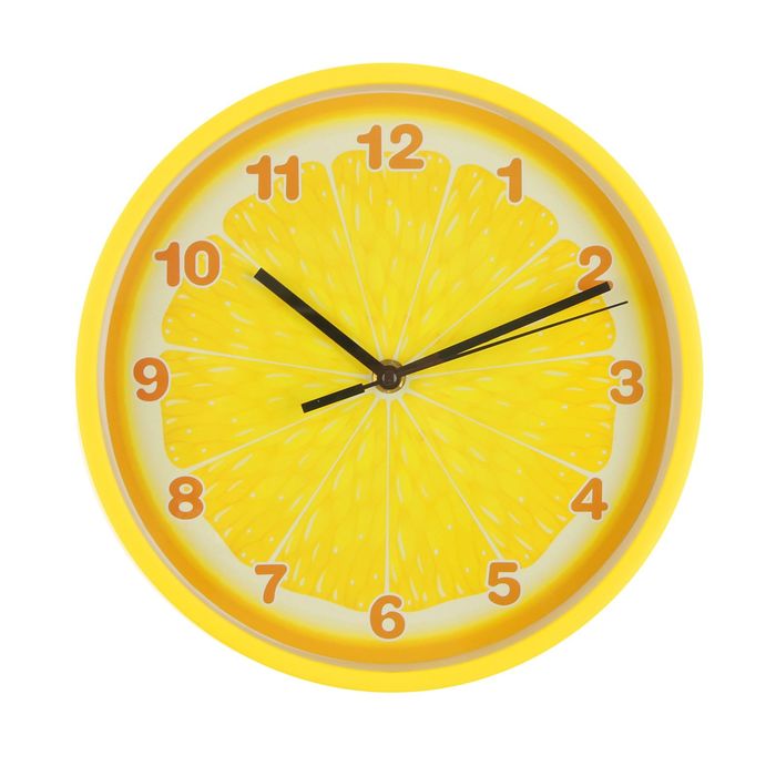 Часы настенные кухонные круг "Лимон" толстые желтые края, арабские цифры, 25*25см