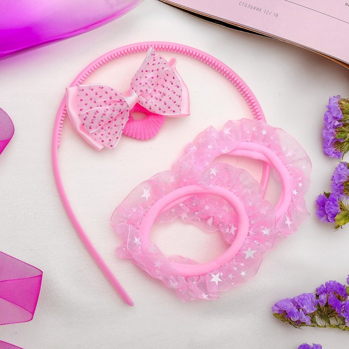 Набор для волос "Маришка" (3 резинки, 1 ободок) розовый, звёзды