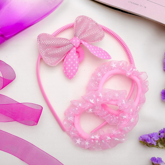 Набор для волос "Маришка" (3 резинки, 1 ободок) розовый, двойной бант