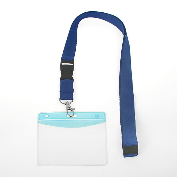 Лента для бейджа ширина-20мм, длина-80см с металлическим карабином и 2-мя пластиковыми застежками СИНЯЯ