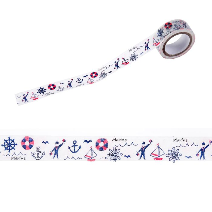 Клейкая лента декоративная бумажная "Штурвалы и якоря" ширина 1,5 см, длина 5 м