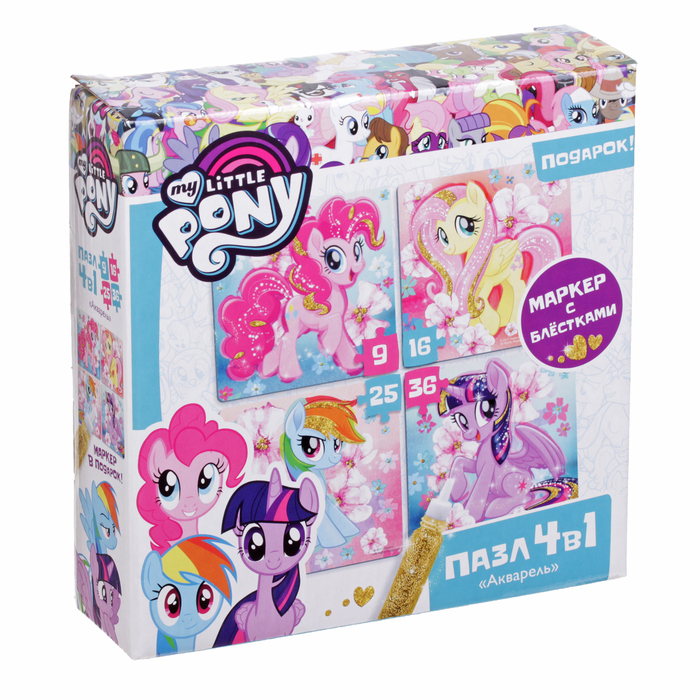 Пазл 4 в 1 "Цветочные Пони" + глитторный маркер