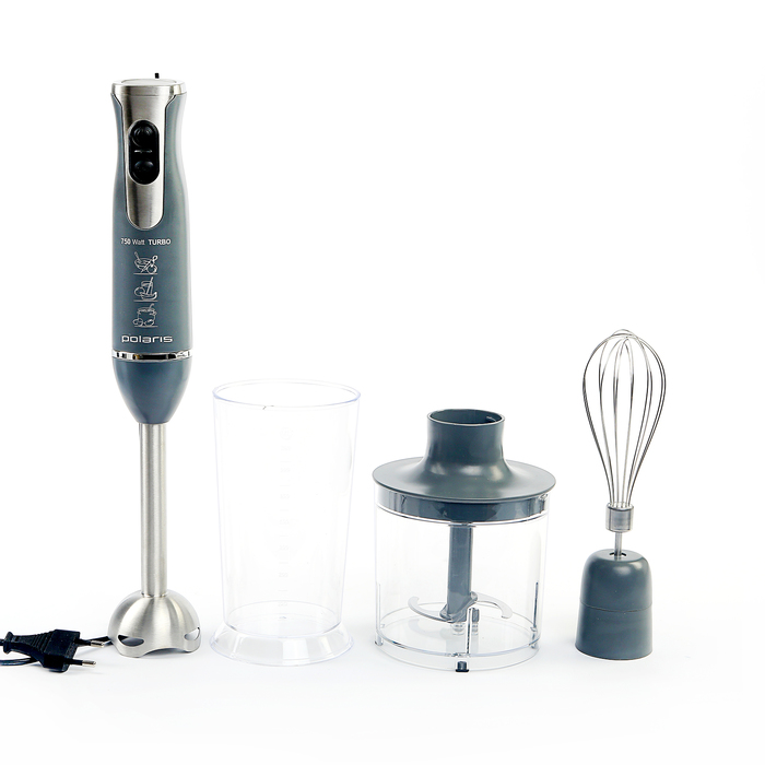 Ручной блендер Polaris PHB 0762, 750 Вт, измельчитель 0.5 л, венчик, cерый