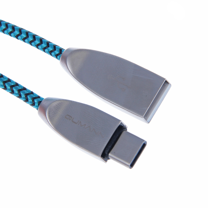 Кабель USB2.0 Qumann USB-Type-C 1,2м 2,4А нейлон/цинк бирюзово-чёрный