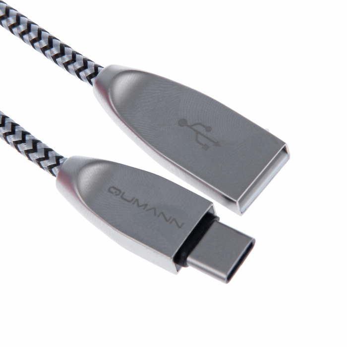 Кабель USB2.0 Qumann USB-Type-C 1,2м 2,4А нейлон/цинк серебряно-чёрный
