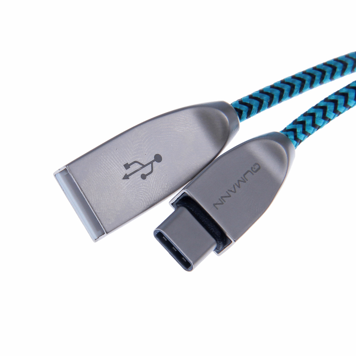 Кабель USB2.0 Qumann USB-Type-C 3,0м 2,4А нейлон/цинк бирюзово-чёрный
