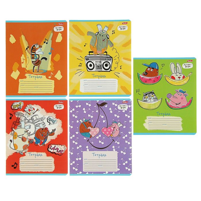 Тетрадь 12 листов клетка "Летающие звери", картонная обложка, 5 видов МИКС