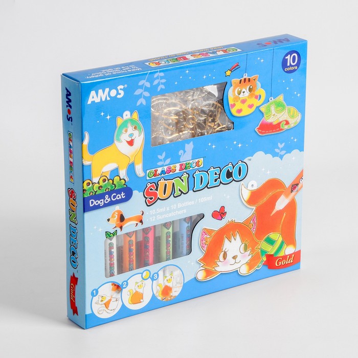 Набор витражных красок с витражами "Собаки и кошки": 10 цветов по 10,5 мл, 12 витражей