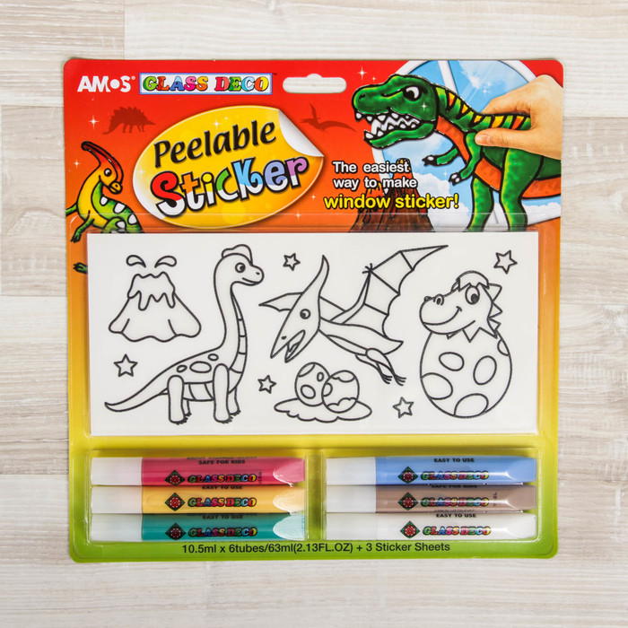 Набор витражных красок с самоклеящимися трафаретами "Динозавры", 6 цветов по 10,5 мл