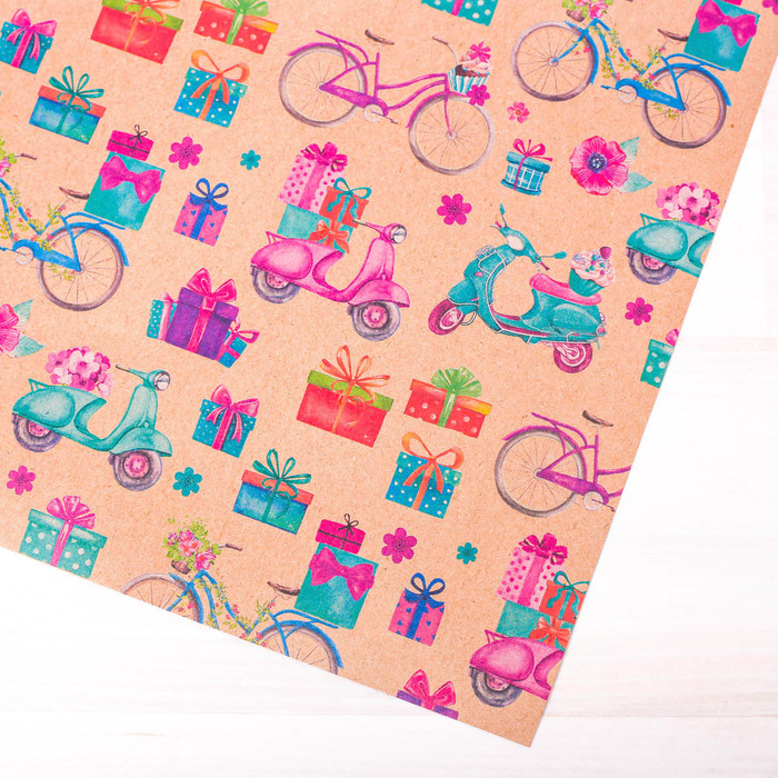 Бумага упаковочная крафтовая «Велосипедная прогулка», 50 × 70 см