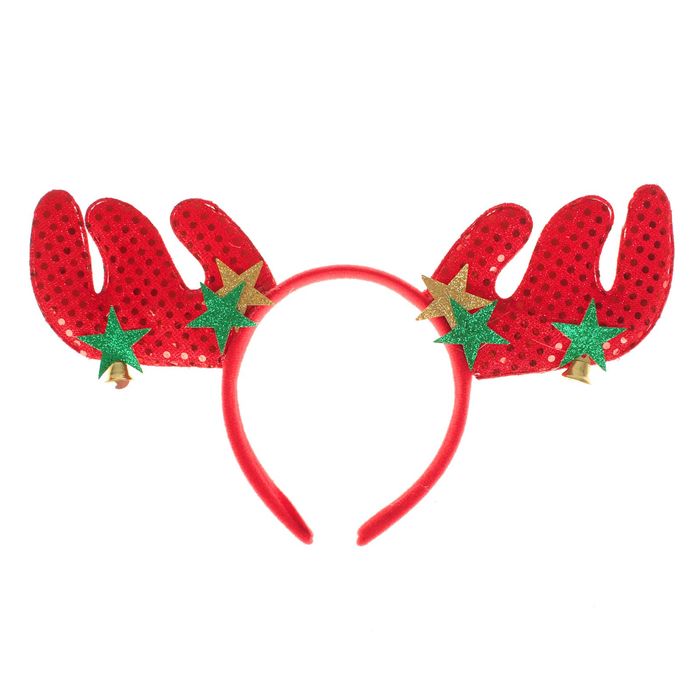 Карнавальный ободок "Рога", цвет красный со звездами и колокольчиками