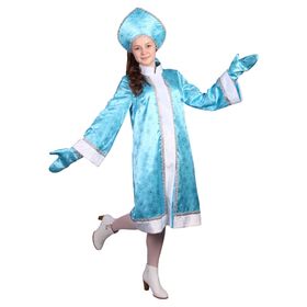 Карнавальный костюм 'Снегурочка', атлас, прямая шуба с искрами, кокошник, варежки, цвет голубой, р-р 42 Ош
