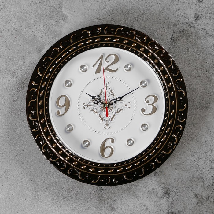 Часы настенные, круглые, лепнина с золотым узором, бронзовые, d=29 см