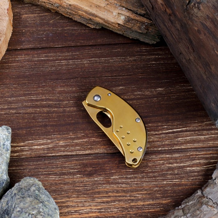 Нож складной, лезвие "drop-point" 4,9см, золотой, рукоять с точечками, фиксатор 6,5см