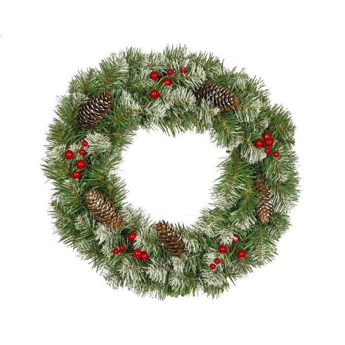 Рождественский венок "Нарядный" с декором заснеженный 60 см., Кол-во веточек - 115 шт.