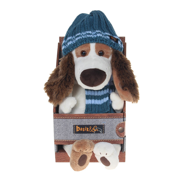 Мягкая игрушка "Бартоломей" в голубой шапке и шарфе, 33 см